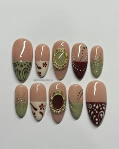 Easy Gel Polish Nail Designs, Ranch Nails, 60s Nail Art, Earthy Acrylic Nails, Earthy Nails Designs, At Home Nail Designs, Sun Nails Design, Hippie Nails Boho, Nail Art Neutral