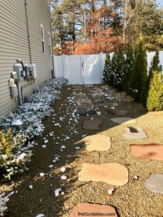 a small yard with gravel and stepping stones