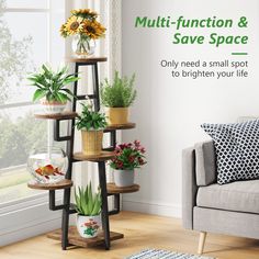 a living room filled with lots of plants next to a wall mounted planter that says multi - function & save space only need a small spot to brighten your life