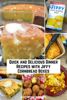 Several different pictures of Jiffy Cornbread recipes made with the box. Cornbread Mix Recipes Ideas, Recipes With Jiffy Cornbread, Tasty Dinner Ideas, Classic Cornbread, Magic Cauldron