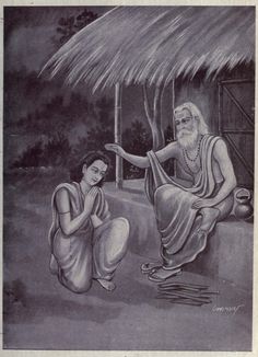 an old painting of two men in front of a thatched hut, one kneeling down and the other standing up