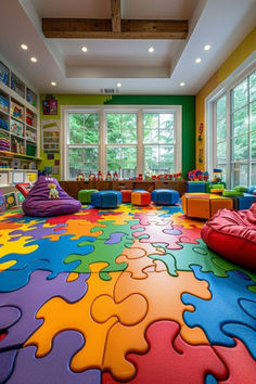 a brightly colored children's play room with lots of toys on the floor and colorful rugs