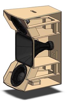 an open cardboard box with speakers in it and the door opened to reveal a speaker inside