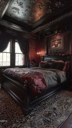 a large bed sitting in the middle of a bedroom next to a window with curtains