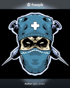 a skull wearing a surgical mask with two crossed swords on it's head and the words freepik above it