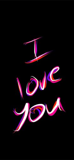 the word i love you written in neon colors on a black background with pink and purple swirls