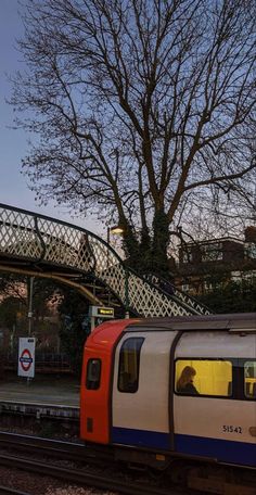 a train traveling down tracks next to a tree with no leaves on the top and bottom