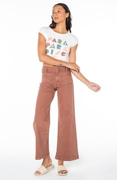 Vintage-inspired style abounds in these high-waist, wide-legs jeans made from russet-hued denim with a hint of stretch. 30 1/2" inseam; 23" leg opening; 11" front rise; 14 1/2" back rise (size 29) Zip fly with button closure Front patch pockets; back patch pockets 99% cotton, 1% elastane Machine wash, tumble dry Imported Colorful Jeans, High Waist Wide Leg Jeans, Fabric Gift Bags, Wide Legs, Back Patch, Fabric Gifts, Free Fabric, Baby Baby, Colored Jeans