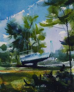 a painting of a boat in the water near some trees and grass with blue sky