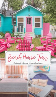 the beach house tour features pink and blue chairs, an old bed, and a turquoise cottage