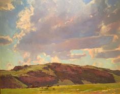 an oil painting of a grassy field with mountains in the background and clouds overhead,