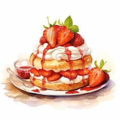 a painting of a cake with strawberries on top and sauce in the middle, sitting on a plate