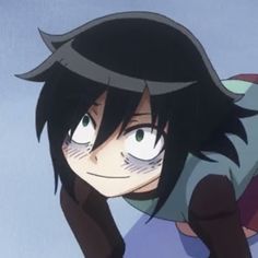 an anime character with long black hair and big eyes looking at the camera, text reads