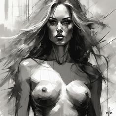 a drawing of a naked woman with long hair and no shirt on, in black and white