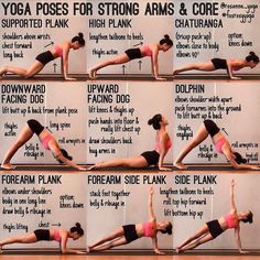 a woman doing yoga poses for strong arms and core, with instructions on how to do it