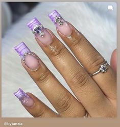 Purple Acrylic Nails With Charms, Purple Nail Designs With Charms, Nails Acrylic Short Charms, Purple Charm Nails, Short Frenchies With Charms, Cute Short Nails With Charms, Purple Kaws Nails, Purple Junk Nails, Nails With Charms Simple