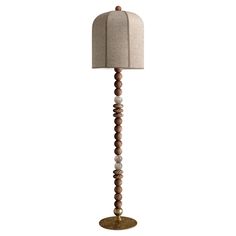 a wooden floor lamp with a beige shade on it's base and a light bulb in the middle