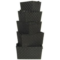 four black baskets stacked on top of each other in front of a white background,