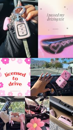 a collage of photos with pink and black items in the car, including keys