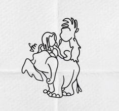 a black and white drawing of two people riding an elephant on the back of another person