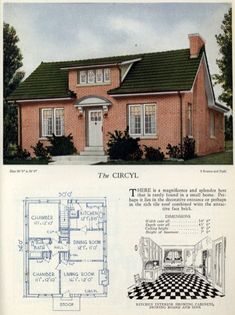 an old red brick house with black and white checkerboard floor plans, including the front porch