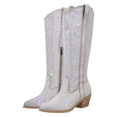 PRICES MAY VARY. This rhinestone cowboy boots has heel height about 5 CM/1.96 inch. SIZE TIP: TRUE TO SIZE,pls choose your normal size. Fashion design: western boots decorated with sparkling rhinestones, comfortable low block chunky heels and classic pointed toe design, pull on style Pull tabs for easy on and off,and look great with jeans, shorts, dresses, and just about everything you can think of. This rhinestone western boots are totally comfortable and shining. These rhinstone ankle booties Knee High Boots Chunky, Sparkly Boots, Rhinestone Boots, Boot Bling, Chunky Heels Boots, Western Booties, Pu Heels, Western Cowgirl, Pull On Boots