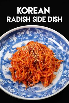 korean radish side dish on a blue and white plate with text overlay