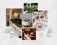 a collage of photos with food and decorations on it, including flowers, candles, plates, napkins, and wine glasses