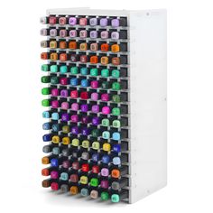 a multicolored display case with many different items on it's sides and two rows of smaller ones in the middle