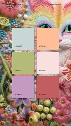 the color scheme for an art project with flowers, cats and butterflies in pastel shades