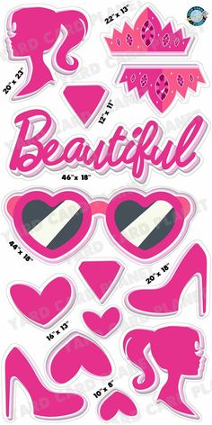 pink stickers with hearts, sunglasses and the words beautiful written in black on them