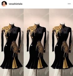 three pictures of a black dress with gold details on the neckline and bottom part