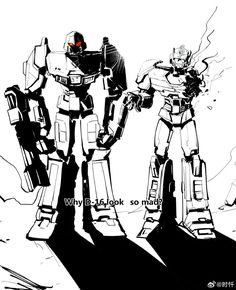 two robots standing next to each other in black and white