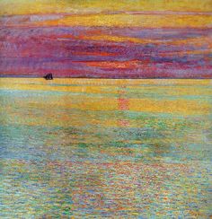 the painting is colorful and has an image of a boat in the water at sunset