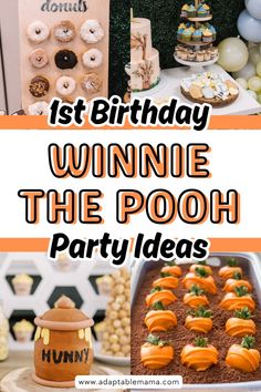 an orange and white birthday party with lots of food