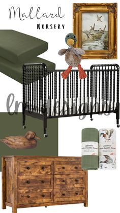 a baby's nursery room with green and brown accents, including a crib, dresser