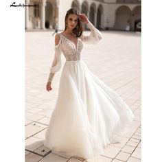 NumberSea - NumberSea Long Puff Sleeves Wedding Dress Lace And Chiffon A Line Puff Sleeves Wedding Dress, Bridal Dresses Princess, Detachable Puff Sleeves, Puff Sleeve Wedding Dress, Chiffon Wedding Dresses, Long Sleeve Bridal Dresses, Sleeves Wedding Dress, Elegant Bridal Gown, Lace Wedding Dress With Sleeves