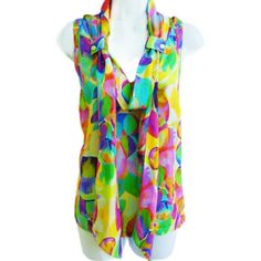 Silk Vibrant Colorful Sleeveless Blouse. Attached Scarf Tie. Zipper Side. Silver Snap Loops For Creative Tying. Bra Stays. Dry Clean. Tagged Size L. Brand: Per Se By Carlisle Bust: 21"X2 Flat Across Underarms Shoulder: 13" Waist: 21" Length: 25" Condition: Preowned. Great Condition. No Stains/Holes/Rips/Snags. Ebin Thrl.Etse 2.9oz P1270701posh Geminitiger7lux 90s Y2k Luxurious Fairy Bold Classy Designer William Rondina Summer Statement Gift For Her Couture Watercolors Romantic Quality Brand New Yellow V-neck Vest For Summer, Multicolor Sleeveless Spring Blouse, Sleeveless Multicolor Spring Blouse, Sleeveless Multicolor Summer Blouse, Multicolor Sleeveless Casual Blouse, Multicolor Sleeveless Summer Tops, Chic Multicolor Sleeveless Blouse Tank Top, Summer Sleeveless Multicolor Tops, Colorful Summer Top With Yellow Pattern