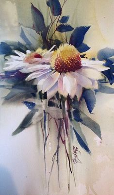 a watercolor painting of flowers in a vase