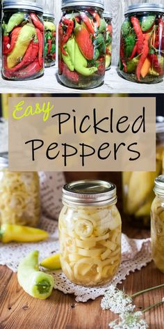 jars filled with pickled peppers on top of a wooden table