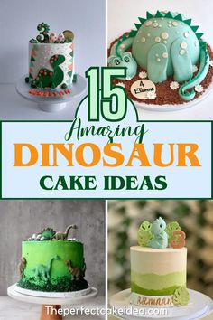 there are many different cakes that have dinosaur decorations on them and the words, 15 amazing dinosaur cake ideas