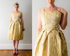 "Vintage 1950's champagne gold silk brocade dress with leafy floral patterning. Sleeveless with box neckline and fit bodice. Skirt starts at natural waist - small bow to one side.. Pegged skirt with full flare. Firm netting and rigged backing on fabric to create structured look to skirt. Metal zipper down the back. Overall wonderfully made garment and great party dress. Fits Like: Small Shoulder 16\" Bust 36\" Waist 26\" Hips open Length 40\" Era: 1950's Condition: Great vintage. Cleaned and rea Gold Party Dress, Jacquard Midi Skirt, Brocade Dresses, Gold Silk, Silk Brocade, Gold Party, 1950s Dress, Fitted Bodice, Graduation Dress