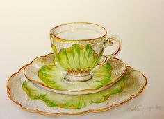 a drawing of a cup and saucer with green leaves on the rimmed plate