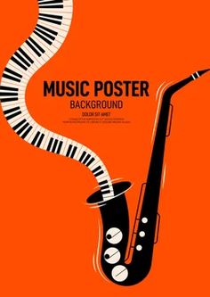 a musical poster with a saxophone and piano keys on an orange background, in the form of a spiral