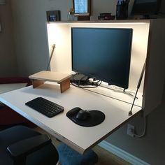 a computer monitor sitting on top of a white desk next to a keyboard and mouse