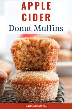 apple cider donut muffins stacked on top of each other with text overlay