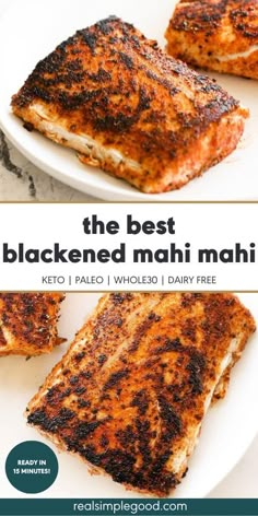 the best blackened mahi mahi keto recipe on a white plate with text overlay