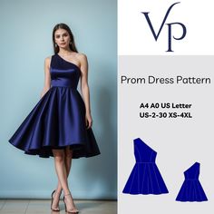 a woman in a blue dress standing next to a wall with the words prom dress pattern