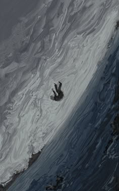 an abstract painting of a person falling from a large wave in the ocean with their hands up