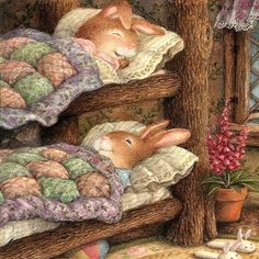 a painting of two bunnies sleeping on top of bunk beds with blankets and pillows